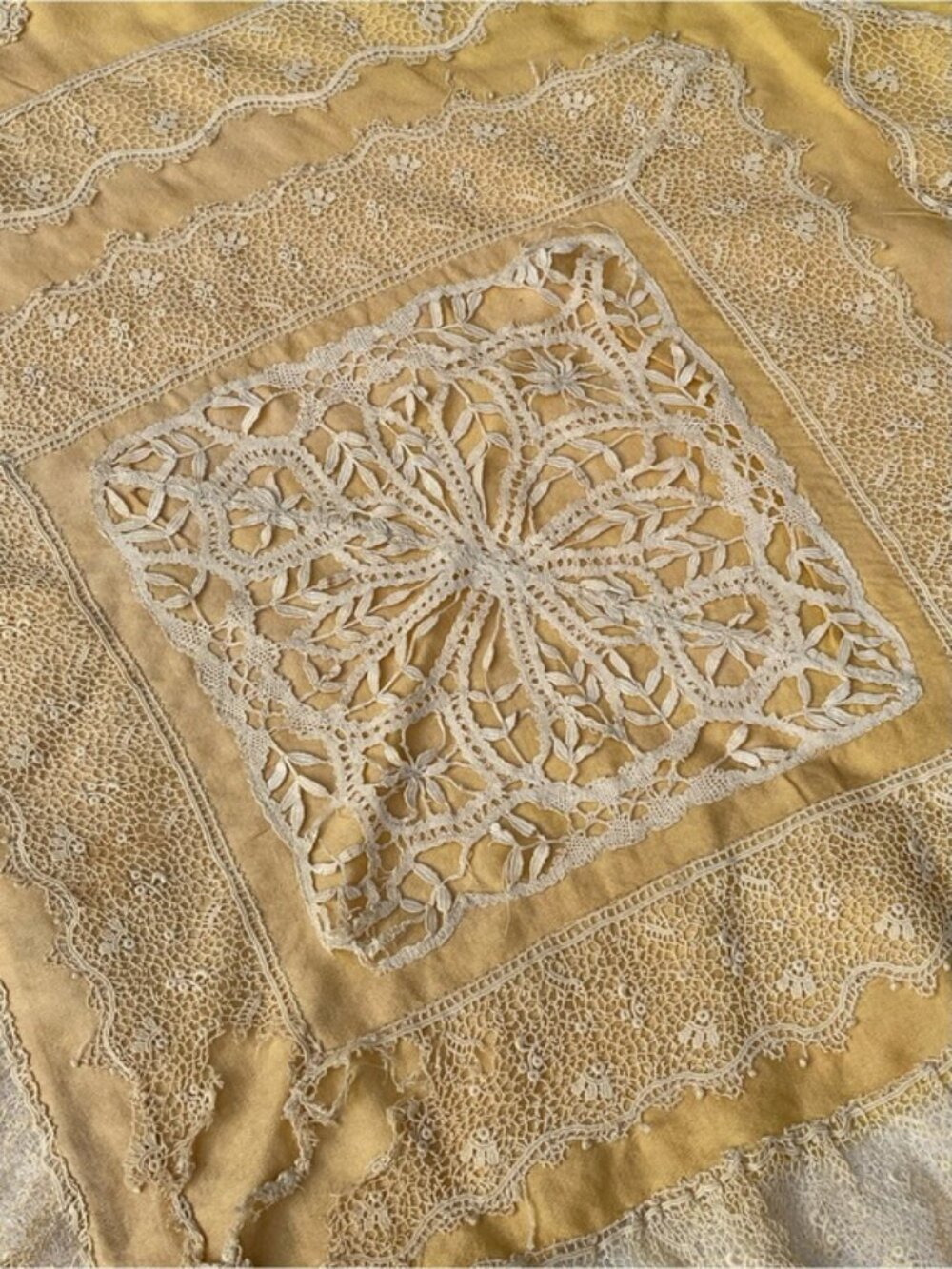 Antique Yellow Linen Triangle Fichu Shawl Dresser Scarf Table Topper Lace